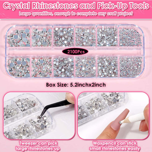 Audab B7000 Jewelry Adhesive Glue with Rhinestones for Crafts, 2100Pcs Flat Back Gems Crystal Rhinestones with Tweezer Dotting Tools Clear Glue fo...