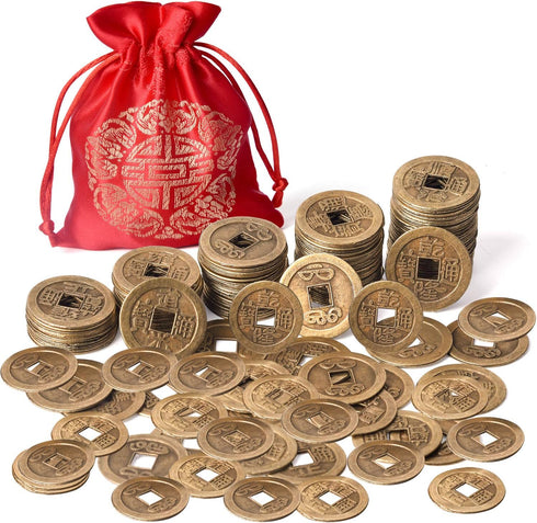 Coopay 240 Pieces Chinese Coins New Year Feng Shui Coins Good Luck Fortune I-Ching Ornament with Red Lucky Pouch for Health and Wealth (1 Inch and...