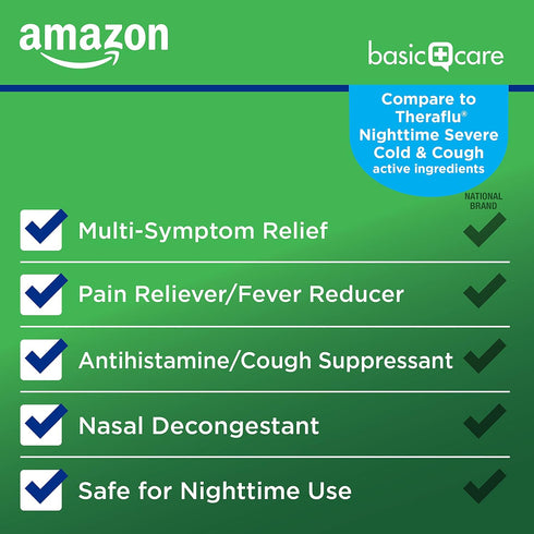 Amazon Basic Care Nighttime Severe Cold, Flu and Cough Suppressant Medicine Powder, Pain Reliever/Fever Reducer, Nasal Decongestant, Antihistamine...