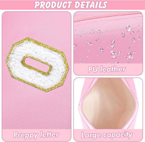 Initial Makeup Bag Personalized Preppy Travel Small Cosmetic Bag Cute PU Pink Chenille Letter Makeup Pouch for Purse Waterproof Zippered Toiletry ...