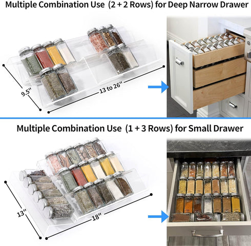 Clear Acrylic Spice Drawer Organizer, 4 Tier- 2 Set Expandable From 13" to 26" Seasoning Jars Drawers Insert, Kitchen Spice Rack Tray for Drawer/C...