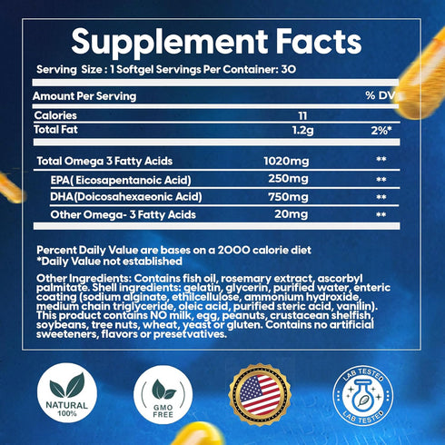 Omega 3 Fish Oil - Premium Burpless Fish Oil Supplement, Ultra Strength DHA & EPA with Omega 3, Natural Fish Oil Capsules (1 Month Supply)...