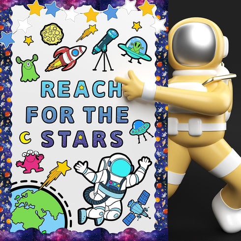 82Pcs Outer Space Bulletin Board Decoration Kit Astronauts Aliens Rockets Reach for The Stars Cutouts with Glue Points Space Theme Bulletin Board ...