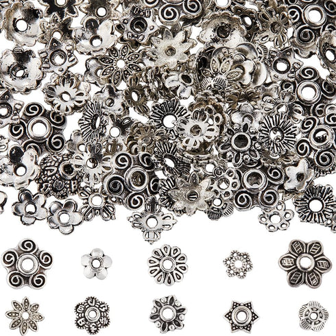SUNNYCLUE 1 Box 300cs 10 Styles Flower Bead Caps 8mm Flat Spacer Beads Bulk Tibetan Silver Hollow Flowers Metal Vintage Floral Bead End Caps for D...