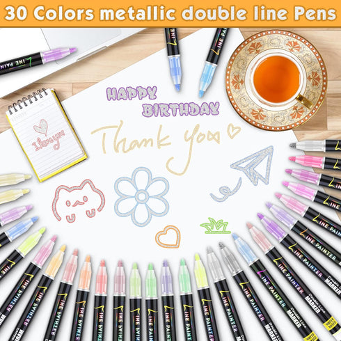 30 Colors Outline Marker Pen, 30 Pcs Double Line Metallic Marker Pens Set Paint Markers Pens Gift Card Writing Drawing Pens for Card Writing,Birth...