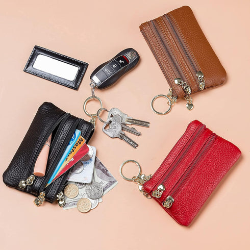 imeetu Leather Coin Keychain Purse for Women, Small Change Purse for Coins, Coin Pouch Wallet with 4 Zippered Pockets (Black)...
