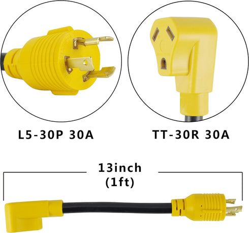 3 Prong RV Generator Adapter Cord,NEMA L5-30P to TT-30R,30 Amp 125V Generator to RV Adapter with 1FT,Heavy Duty SJTW 10/3 Cord, Yellow...