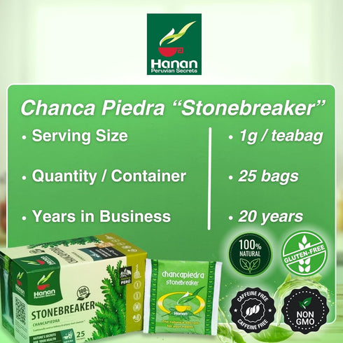 Hanan Chanca Piedra Tea - 50 Teabags of Chanca Piedra Stone Breaker Tea Leaves Wild-Grown in Peru...