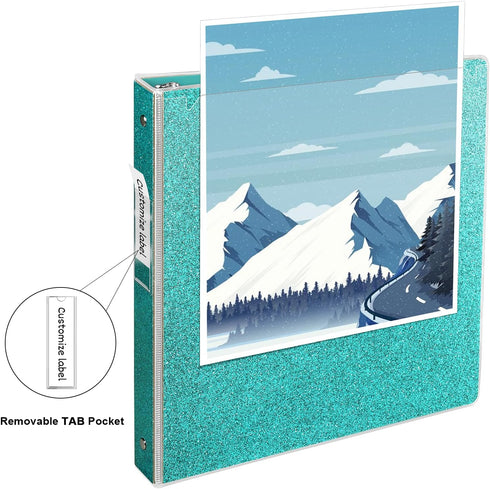1 Inch Binder 3 Ring Glitter Binder for School Supplies, Fashion View Binders, Glitter Teal...