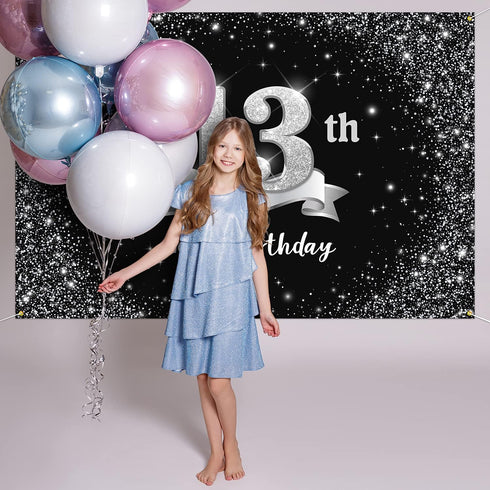 HAMIGAR 6x4ft Happy 13th Birthday Banner Backdrop - 13 Years Old Birthday Decorations Party Supplies for Girls Boys - Black Silver...