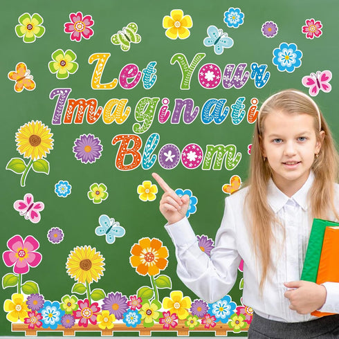 Flower Butterfly Bulletin Cutouts Classroom Bulletin Board Decor Let Your Imagination Bloom Paper Cutouts for Floral Party School Home Wall Window...