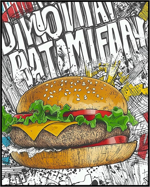 Posterizer 1 pcs-A juicy colorful hamburger-comic book inspired food art -4-Kitchen & Bar Art Art for Cafe, Restaurant, Coffee Bar - unframed wal...