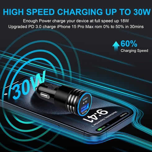 USB C Car Charger, 30W Fast Car Phone Charger Adapter 3FT USB C to USB C Cable for iPhone 15/15 Pro/15 Pro Max/15 Plus, Samsung S24 S23, Google Pi...