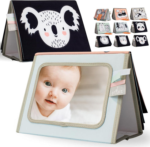 Soft Tummy Time Book w/ Large Stimulating Baby Safe Mirror - Fun High Contrast Montessori Toy w/ Mirror, Crinkle Filling & Silicone Teether - The ...