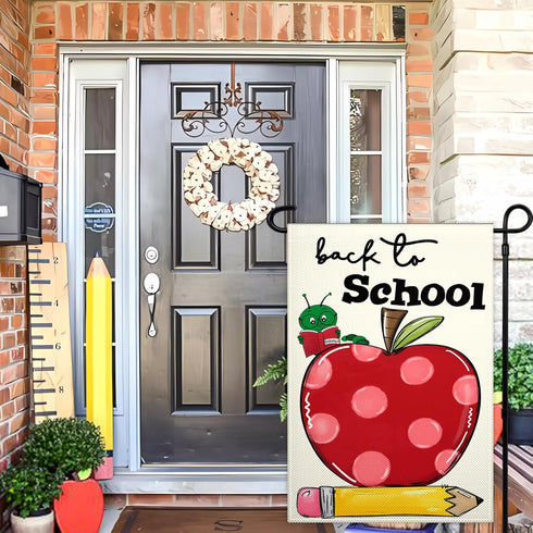 Welcome Back to School Garden Flag 12x18 Inch 3ply Double Sided Love Heart Apple School First Day Garden Flags for Outside House Indoor Yard Outdo...