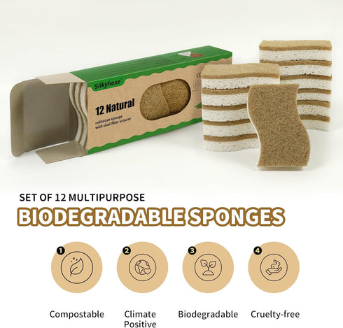 Biodegradable Natural Kitchen Sponge, Compostable Cellulose and Coconut Scrubber Eco-Friendly Dishwashing Sponge, 12 Pack Household Cleaning Foam ...