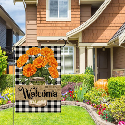 Marigolds Garden Flag for Outside Buffalo Plaid Check Welcome Flags Small 12x18 Inch Double Sided Yard Flag for Spring Summer Winter Home House Ou...