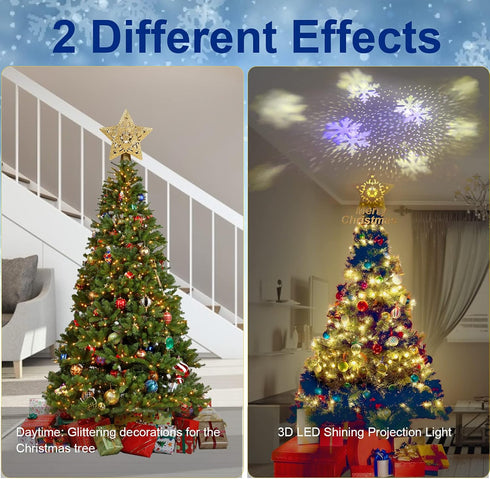 Christmas Tree Topper Lighted with Star Projector, LED Rotating 3D Glitter Tree Topper for Christmas Tree, Christmas Decorations Lights (Golden)...