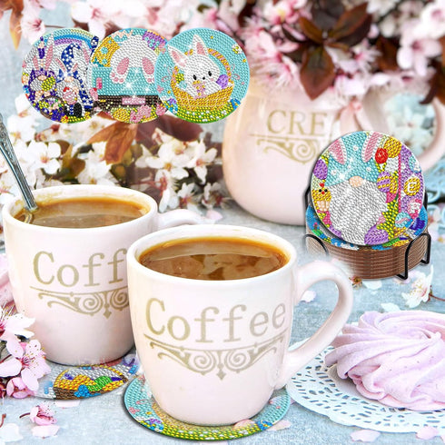 8 Pieces Easter Diamond Coasters Kits Holder DIY Easter Rabbit Diamond Art Coaster Coaster for Adults Diamond Kits Supplies for Spring Easter Gift...