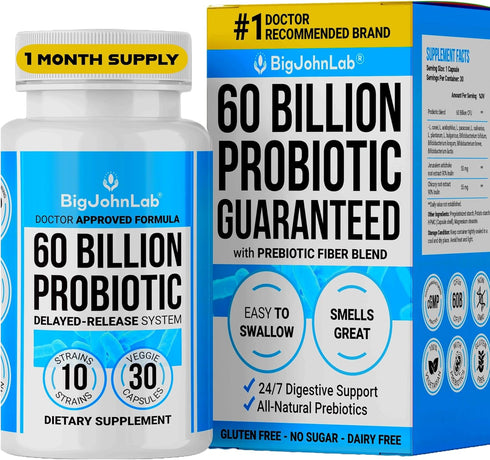 BIGJOHNLAB® Probiotics 30capsules 1month supply Women & Men 60 Billion CFU 10 Strains + Organic Prebiotics Immune, Digestive Gut Health Supports O...
