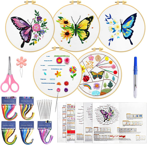 ECJWEI Embroidery Kit for Beginners, 5 Sets Embroidery Kit with Embroidery Patterns, Butterfly Cross Stitch Kits includes Embroidery Thread Embroi...