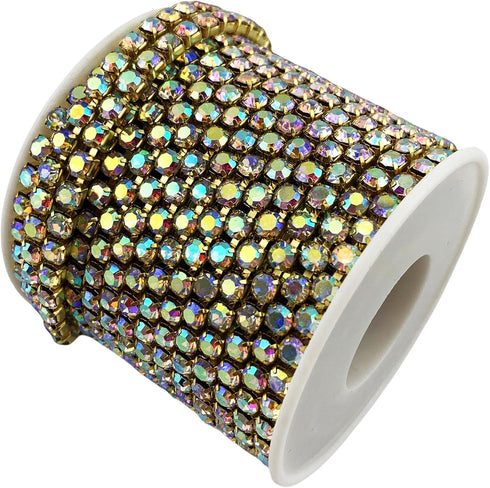 10 Yard Crystal AB Rhinestone Close Chain Clear Trim Sewing Craft (Gold, 4.3mm)...
