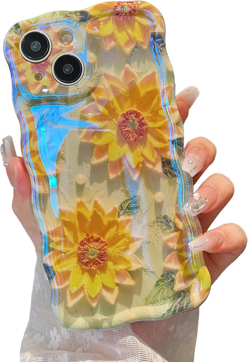 XIZYO Case for iPhone 15, Colorful Retro Oil Painting Flower Cute Floral Aesthetic Curly Wave Frame Laser Glossy Reflective Exquisite Stylish Prot...