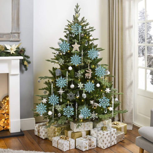 DearHouse 36pcs Plastic Snowflake Ornaments, Tiny Sparkling Glitter Snowflake Ornaments on String Hanger for Christmas Tree Decorations (Blue)...