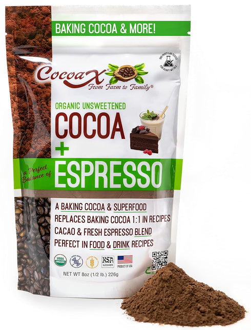CocoaX Organic Cocoa Powder with Espresso Powder - 8oz Gluten Free, & Non-GMO Unsweetened Cocoa Powder for Baking - Dutch Processed Cocoa Powder t...