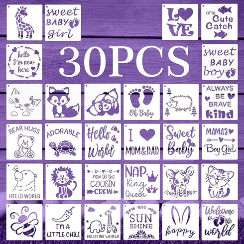 30 Pieces Baby Shower Stencils for Painting, 5 Inch Cute Onesie Stencil Reusable Mixed Phrase Painting Stencils, Small Animals Template for Painti...