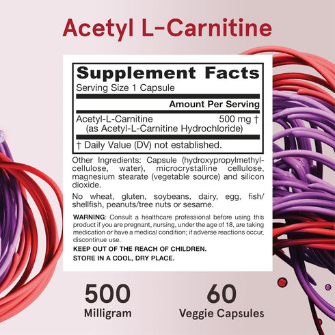 Jarrow Formulas Acetyl L-Carnitine 500 mg, Dietary Supplement, Amino Acid Support for Brain Health and Antioxidants, 60 Veggie Capsules, 60 Day Su...