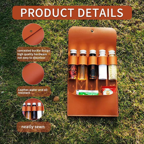 Portable Spice Bag for Travel, Camping Spice Kit with 5 Jars, Foldable Leather Spice Holder Seasoning Storage Bag, Condiment Container Set for Out...