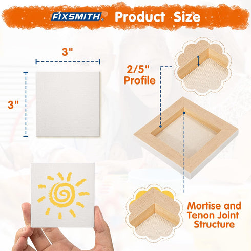 FIXSMITH Mini Stretched Canvas - 24 Pack 3 x 3 Inch, 2/5” Profile Small Square Canvases, 100% Cotton Art Primed Little Blank Canvas for Kids, Home...