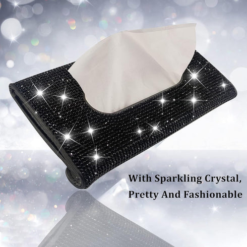 Car Sun Visor Tissue Box Holder,Dermasy Hanging Car Sparkly Crystal PU Leather Napkin Case Holder Bling car Accessories for Women and Ladies (Blac...