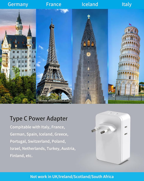 European Travel Plug Adapter, Type C International Power Adaptor Charger with 4 AC Outlets 3 USB Ports(1 USB C), US to Most Europe EU German Frenc...
