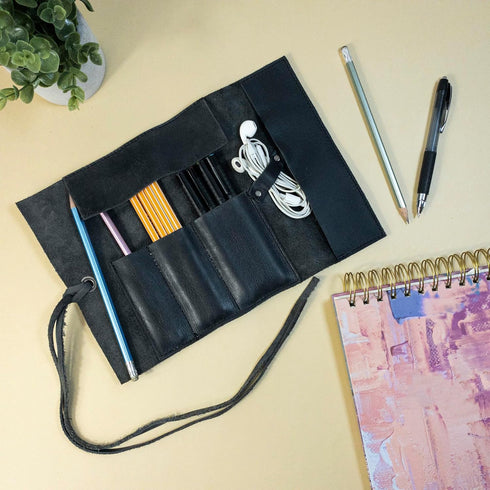 Hide & Drink, Rustic Pencil Roll Pouch, Multi-Purpose Storage Wrap for Scissors, Earphones, Organizer for Craft, Full Grain Leather, Handmade, Cha...