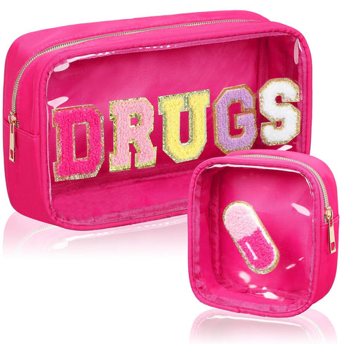 Hillban 2 Pcs Medicine Bag Chenille Letter Bag Preppy Clear Makeup Meds Travel Bag Nylon Pouch Set PVC Transparent Cosmetic Bag Mini First Aid Chr...