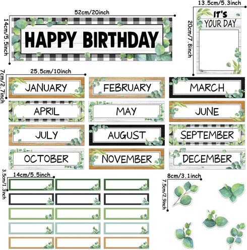 116Pcs Eucalyptus Birthday Bulletin Board Set Classroom Happy Birthday Chart Cutouts Name Plates Decorations for Calendars Bulletin Boards Wall Pr...