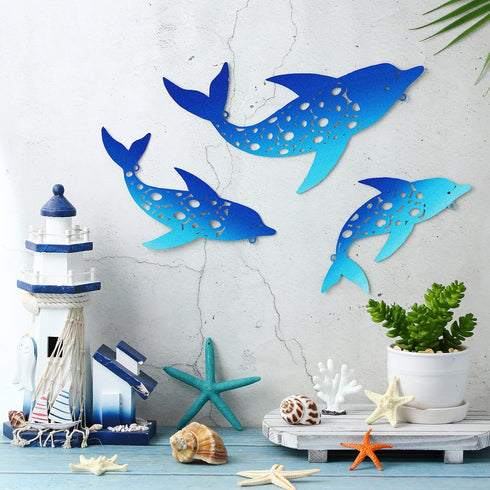 Yaomiao 3 Pieces Metal Dolphin Wall Decor Beach Coastal Hanging Decorations Ocean Nautical Tropical Beach Themed Metal Wall Art for Home Bedroom P...