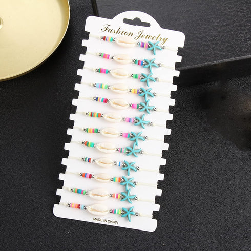 COLORFUL BLING 12Pc Adjustable Natural Sea Shell Starfish Cowries Strand Bracelets Handmade Braided Turtle Tortoise Beads Bracelet for Women Girls...