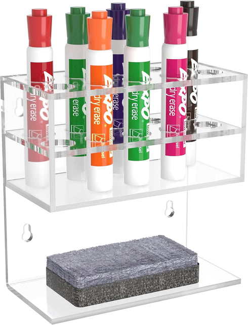 HBlife Acrylic Magnetic Dry Erase Marker Holder Wall Mount, 10 Slots Whiteboard Marker Holder Stand for Office, School and Home, Clear (Marker, Er...