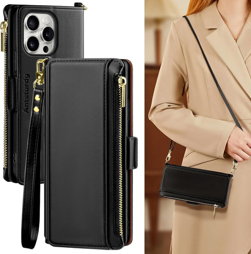 Antsturdy Compatible with iPhone 15 Pro Max Wallet Case for Women?RFID Blocking?,PU Leather Apple 15 Pro Max Crossbody Phone Case Zipper Wrist Str...