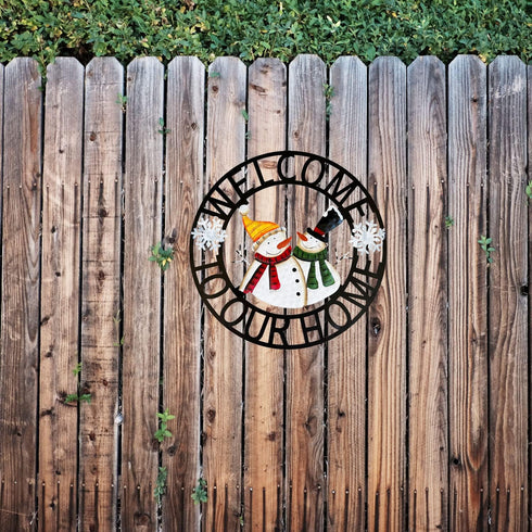 Welcome to Our Home Rustic Metal Snowmen Hanging Welcome Signs Wall Decor Front Door Wreaths Garden Fence Patio Porch Yard Winter Christmas Holida...