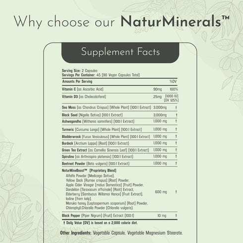 Black Seed Oil 3000mg Sea Moss 3000mg Ashwagandha 1000mg Turmeric 1000mg Burdock 1000mg Bladderwrack 1000mg & Elderberry Manuka Chlorophyll Dandel...
