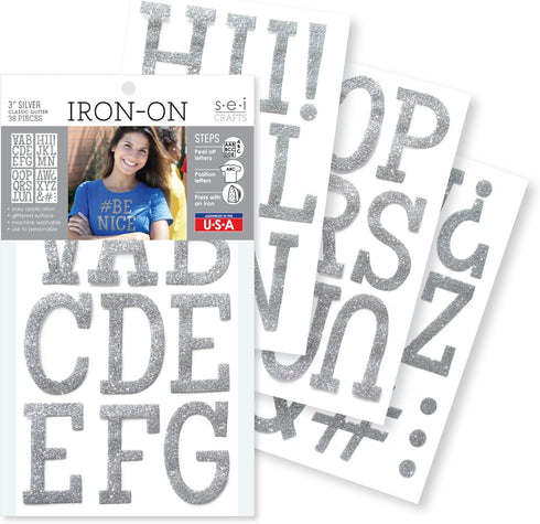 S·E·I Classic Glitter Heat Transfers Iron-on T-Shirt Letters, 3-Inch, Silver 4 Count...