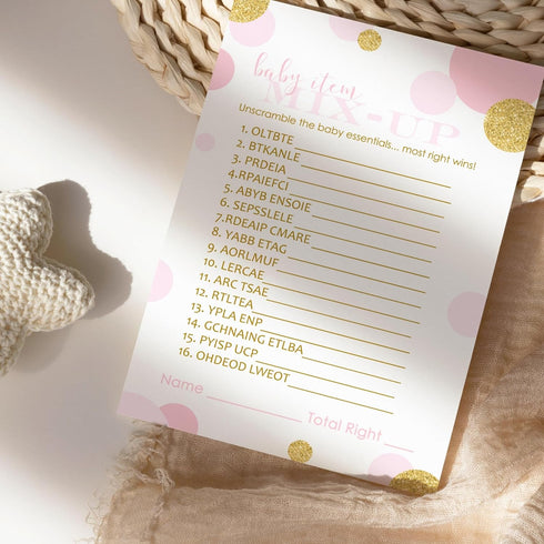 Paper Clever Party Pink and Gold Baby Shower Games for Girls - Word Scramble Cards - Fun Baby Shower Activities - Princess Theme with Twinkle Litt...