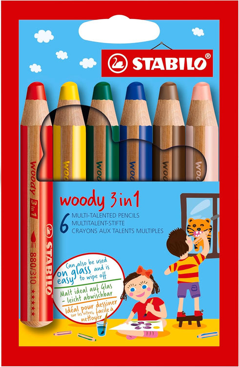 STABILO WOODY 3 in 1 MULTI TALENTED SUPER JUMBO PENCILS WALLET OF 6 ASSORTED COLOURS...