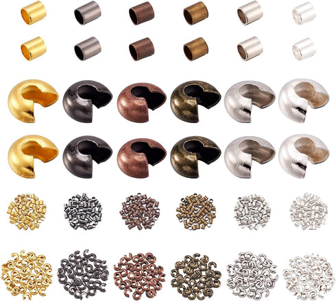 Pandahall 6 Color Column 2x2mm Tiny Brass Tube Crimp Beads and 4x3mm Brass Crimp Knot Covers for Jewelry Making (540pcs/box)...