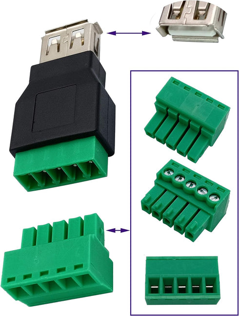 USB 2.0 A Screw Terminal Block Adapter USB 2.0 A Female to 5 Pin/Way Female Bolt Screw Shield terminals Pluggable Type Adapter Connector for Charg...
