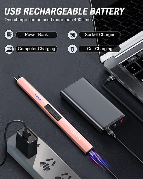 FUKKUDA Electric Candle Lighter with Safety Switch - USB Rechargeable Windproof & Flameless Plasma Arc Lighter for Easter Basket Stuffers (Rose Go...